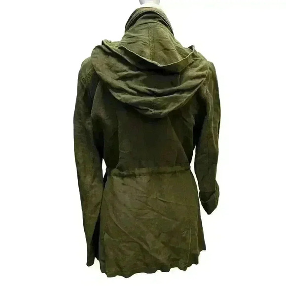 DEARJOHN Military Green Linen Blend Utility Jacket Zip Snap Drawstring Hooded L - Picture 9 of 12